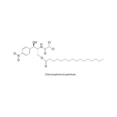 Chloramphenicol palmitate skeletal structure. Antibiotic/Chloramphenicol compound schematic illustration. Simple diagram, chemical formula.