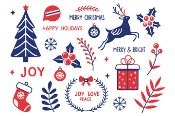 Festive Christmas Icons and Holiday Elements, Red and Blue Christmas Clipart Collection , Merry and Bright Seasonal Illustrations.