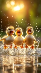 Ducklings splashing in pond water at sunset in a natural, sunny, green environment. Advertisement