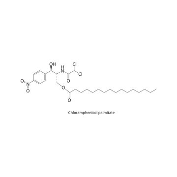 Chloramphenicol palmitate skeletal structure. Antibiotic/Chloramphenicol compound schematic illustration. Simple diagram, chemical formula.