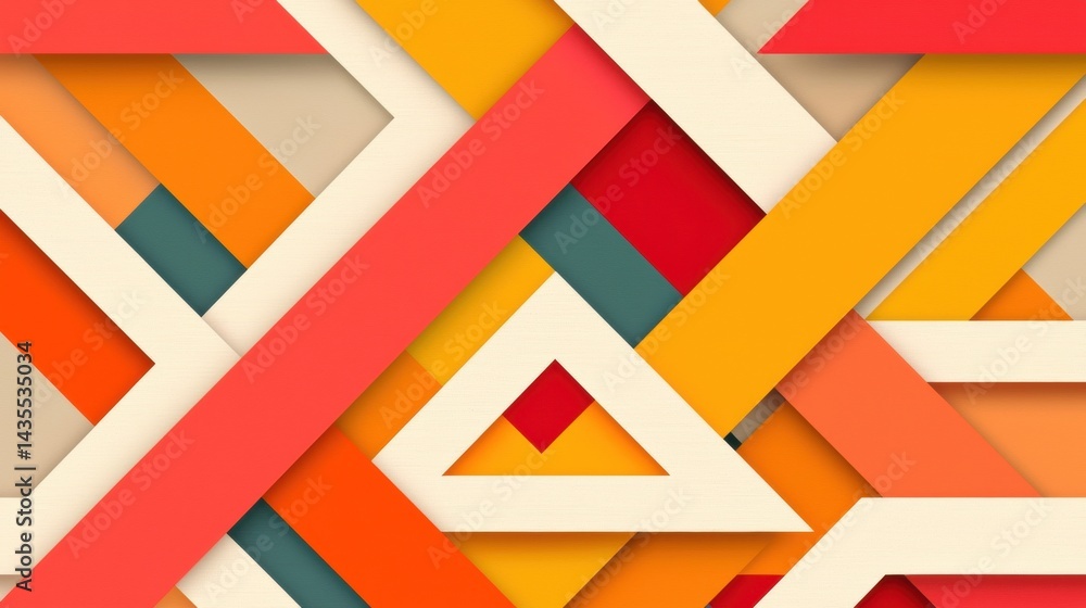 Poster a vibrant abstract composition of overlapping geometric shapes in warm and cool colors.