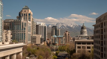 Obraz premium Close-Up View of Downtown Salt Lake in April: Urban Skyline with Skyscrapers and Architecture Facing Southeast