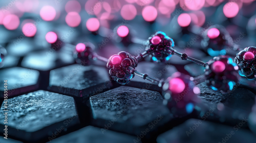 Poster abstract molecular structure on a hexagonal surface with neon glow and vibrant colors