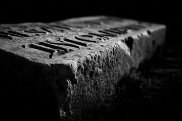 Weathered stone tablet engraved with ancient text in a dark, moody atmosphere