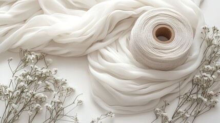 Soft white fabric, thread and tiny white flowers