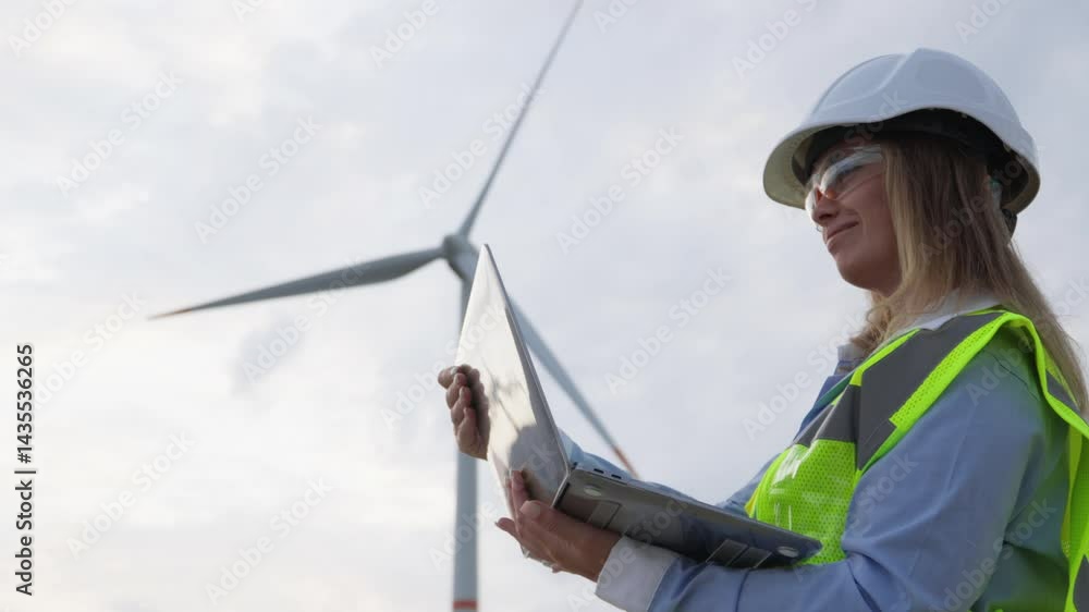 Poster a skilled female wind energy technician analyzes complex data on her tablet next to a towering turbi