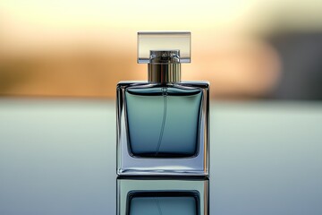 Elegant teal glass perfume bottle, square shape, sits on a reflective surface  Blurred sunset background