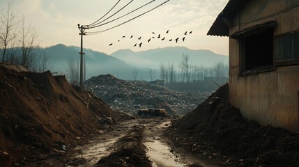 Obraz premium Desolate landscape with debris, abandoned building, and birds in the sky, evoking a sense of neglect and environmental impact.
