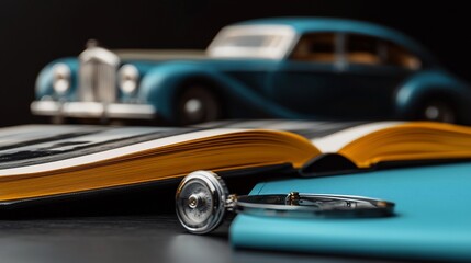 Obraz premium Vintage car, book, stethoscope