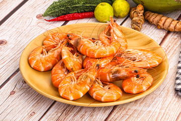 Tasty hot big boiled prawns