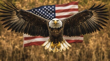 Eagle soars powerfully over the US flag amidst tall golden grass, ideal for patriotic displays