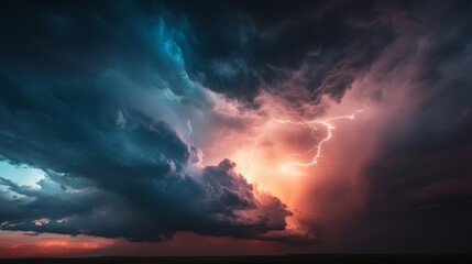 Naklejka premium A bold cosmic thunderstorm where radiant lightning waves collide with an aurora-lit night sky,