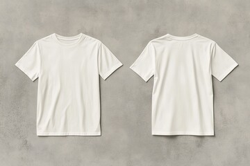 Two blank, cream-colored t-shirts, front and back views, laid flat on a light-gray concrete background  Simple, classic design