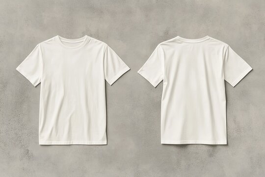Two blank, cream-colored t-shirts, front and back views, laid flat on a light-gray concrete background  Simple, classic design