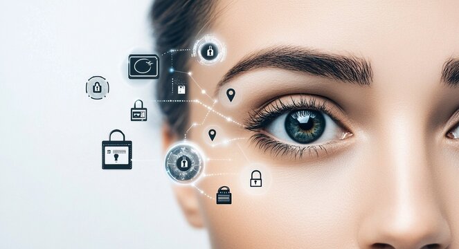 A woman's eye with security symbols floating around it, showcasing biometric security features. A futuristic digital interface displays cybersecurity icons for personal data protection and education 