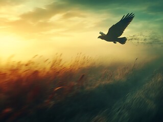Eagle flying over a misty field at sunset with cloudscape background. Nature and freedom concepts