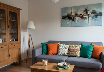 Living room interior featuring a gray sofa with colorful pillows and a wooden cabinet display case