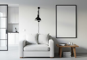 A modern minimalist interior with white armchair, lamp, and framed art on a white wall space