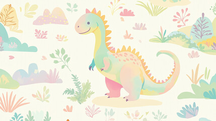 Colorful dinosaur in a whimsical landscape with pastel plants