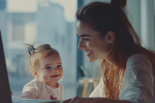 A happy mother working from home while looking after her adorable baby daughter.