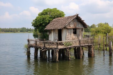 Weathered Hut on Stilts Over Water, Surrounded by Trees and Rustic Fencing on a Worn Trail