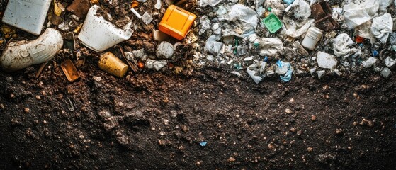 Obraz premium A cluttered scene of litter and waste materials scattered on the ground, highlighting issues of pollution and environmental degradation.