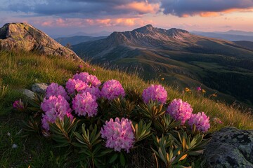 Fototapeta premium Beautiful, colorful pink rhododendron flowers on the mountain hill at sunset, Carpathian Mountains, Ukraine. 