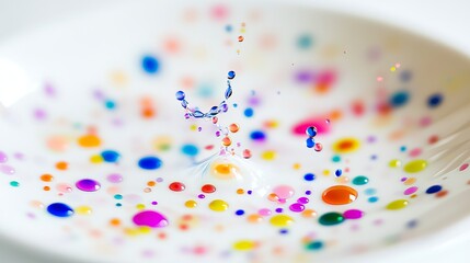 Fototapeta premium Colorful liquid food dye droplets splashing on white ceramic plate forming abstract art patterns with vivid saturated colors, minimalist design with copy space for text overlay. Creative culinary and
