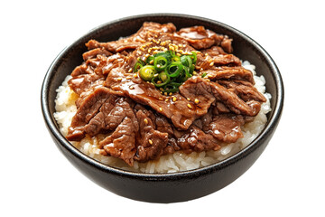 Japanese Gyudon beef rice bowl with sliced meat, green onions, and chopsticks, in ceramic bowl isolated on white transparent background, concept of Asian cuisine
