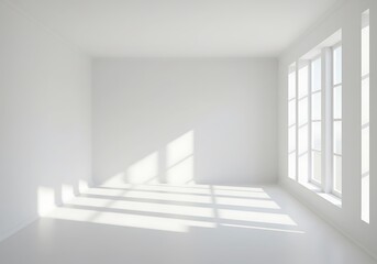 Obraz premium A bright white room with sunlight streaming through the windows creating shadows on the floor