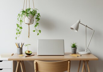 A bright and minimalist workspace with laptop, plants, and desk lamp against a white background