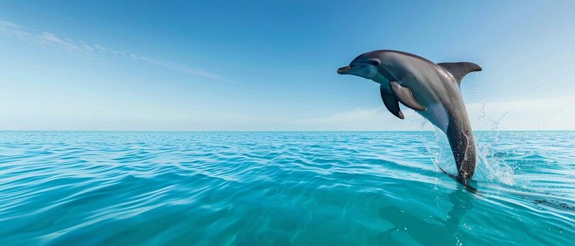 A single dolphin leaping gracefully out of calm turquoise ocean water against a clear blue heaven - Powered by Adobe