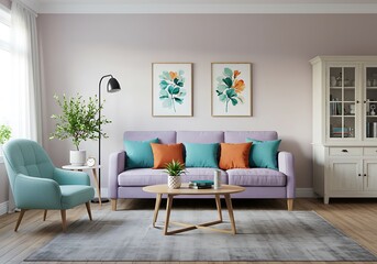 Obraz premium A living room with a lavender sofa, a teal armchair, and floral art above the sofa on the wall