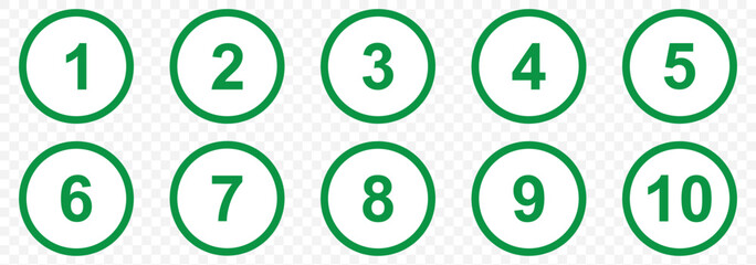 set of 1 to 10 black number icon on Green circle vector illustration on Transparent Background. EPS 10.