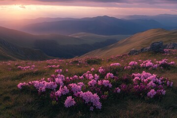 Obraz premium Beautiful, colorful pink rhododendron flowers on the mountain hill at sunset, Carpathian Mountains, Ukraine. 