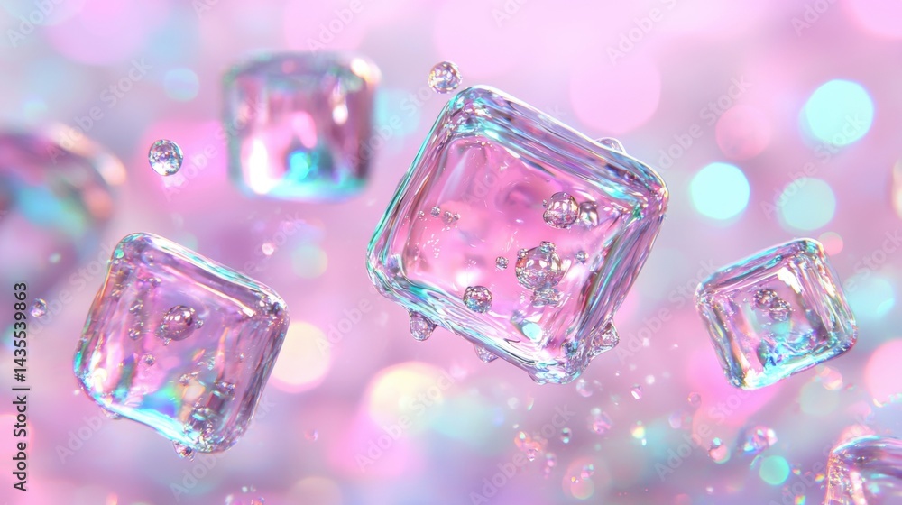 Poster a 3d rendering of a cluster of translucent, faceted cubes suspended in a light pink, bokeh-filled ba