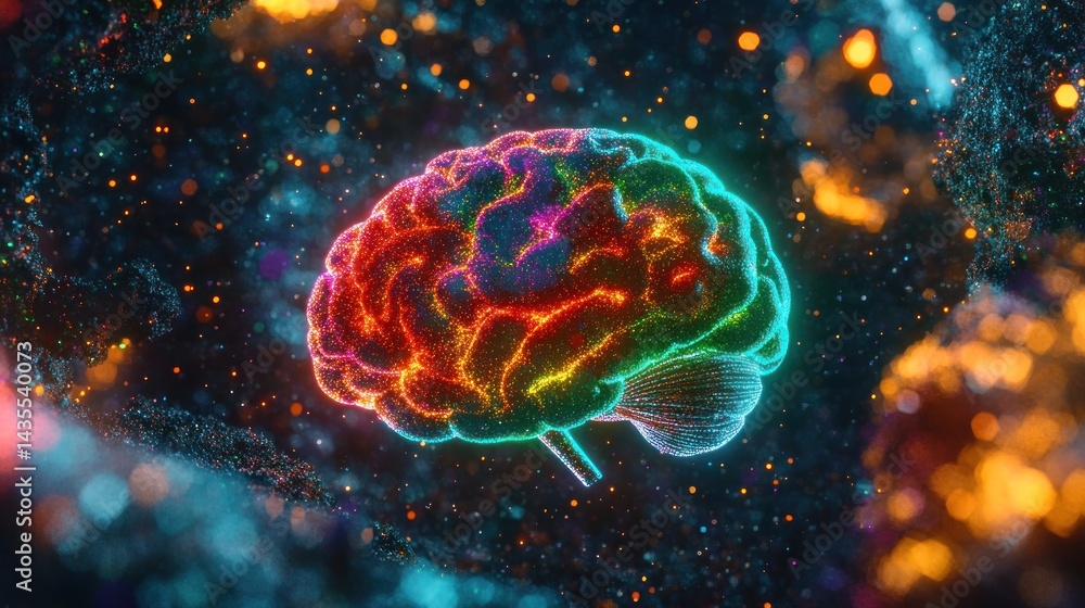 Poster illuminating the intricate pathways of intellect a vibrant brain render bathed in cosmic dust symbol