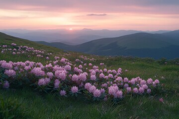 Obraz premium Beautiful, colorful pink rhododendron flowers on the mountain hill at sunset, Carpathian Mountains, Ukraine. 