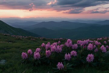 Obraz premium Beautiful, colorful pink rhododendron flowers on the mountain hill at sunset, Carpathian Mountains, Ukraine. 