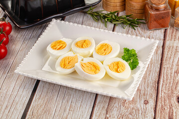 Boiled chicken eggs with bright yolk