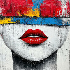 Abstract Art Portrait with Bold Colors and Lips, Creative Expression of Emotions and Feelings