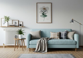 A living room with a light blue sofa pillows a blanket and a flower picture on the wall above the couch