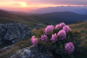Beautiful, colorful pink rhododendron flowers on the mountain hill at sunset, Carpathian Mountains, Ukraine. 