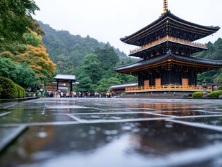 Naklejka premium Rain-slicked courtyard reflects a majestic, dark-wood pagoda nestled amidst lush green hills