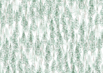 A forest of trees is shown in a patterned background. The trees are green and brown, and they are arranged in a way that creates a sense of depth and movement