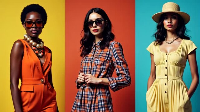 Diverse women showcasing vibrant fashion against bold color block backdrops studio shoot