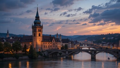 Fototapeta premium Sunset Panorama: Riverfront Cathedral and Bridge in Romantic Hues
