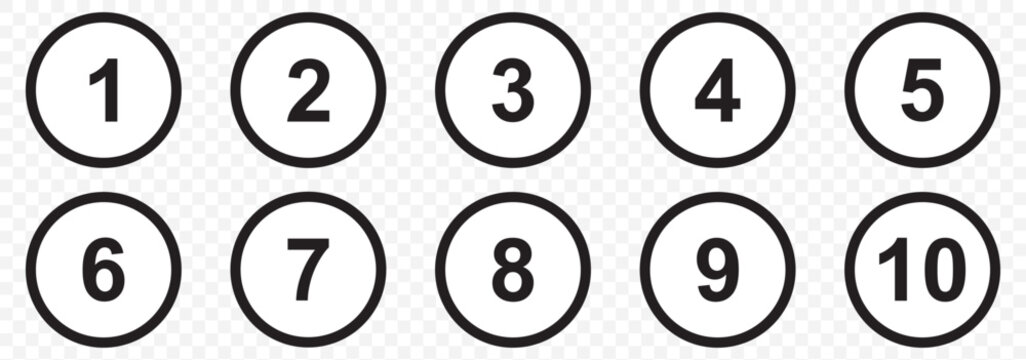 Bullet Points icon set in line style, Simple round numbers in flat style, Set of 1-10 numbers simple black symbol sign for apps, UI, and website, vector illustration on Transparent Background. EPS 10.