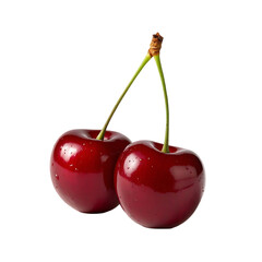 Two Red Cherries with Green Stems on transparent background