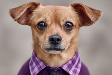 Light brown dog wearing purple shirt and tie staring confidently with bright expression fashion dog stock photo with professional pet styling and personality